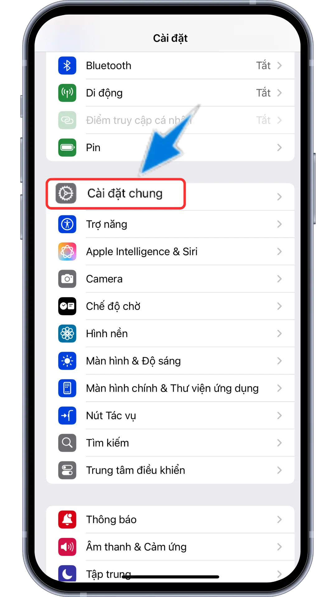 Bước 4 : Trở về màn hình chính iphone, chọn cài đặt chung